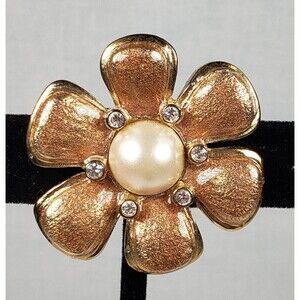 Vintage Carolee Bronze/Pink Daisy Enamel Pearl Rhinestone Gold Tone Brooch